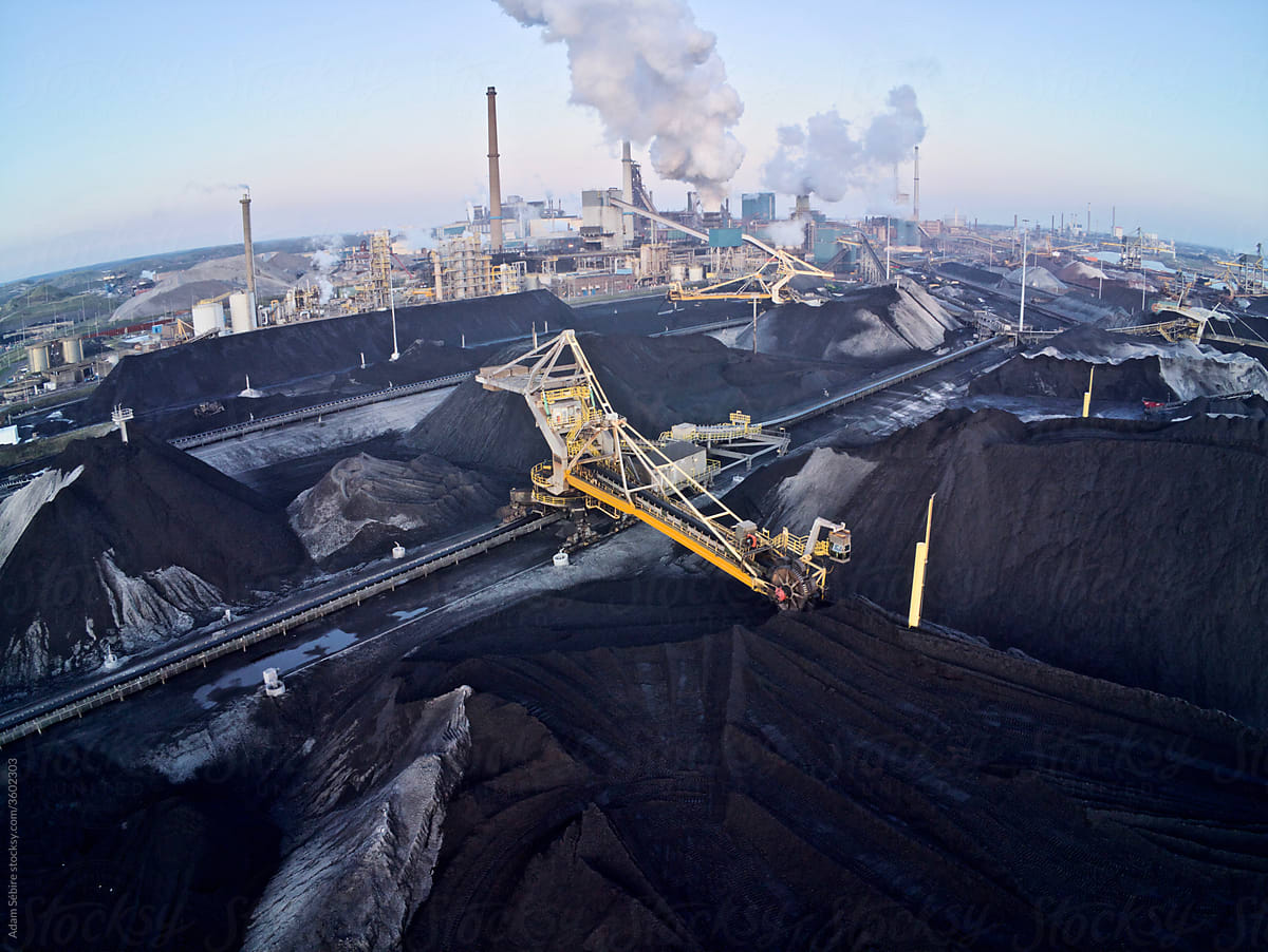 Anthropocene - aerial shot, coal mine, steelworks factory emissions pollution