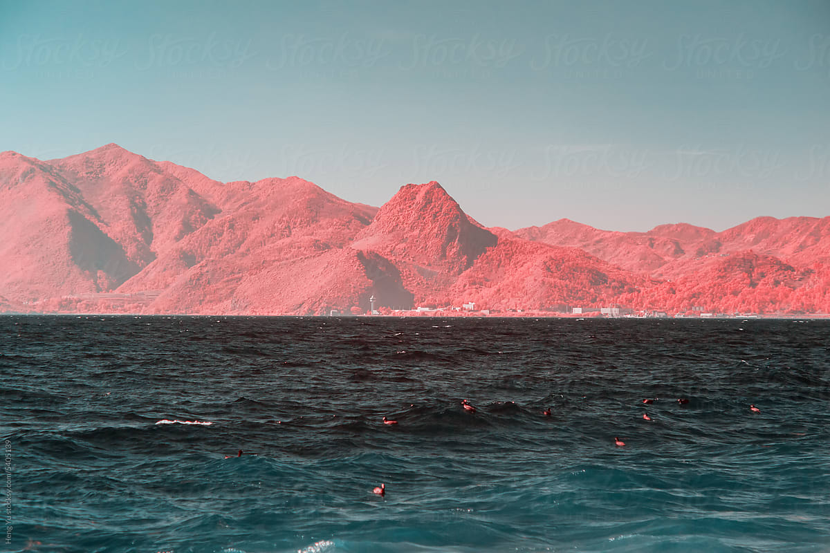 Infrared photography of lake and mountain