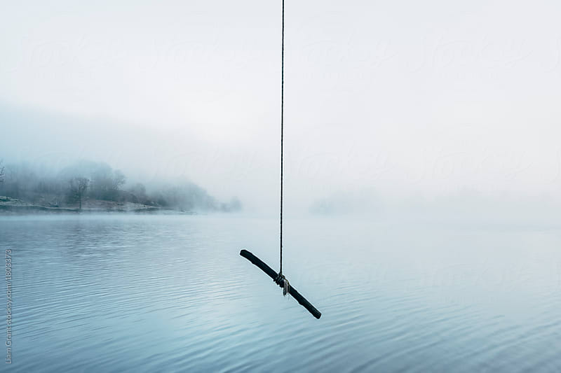 Rope swing beside a lake in fog. Rydal Water, Cumbria, UK.