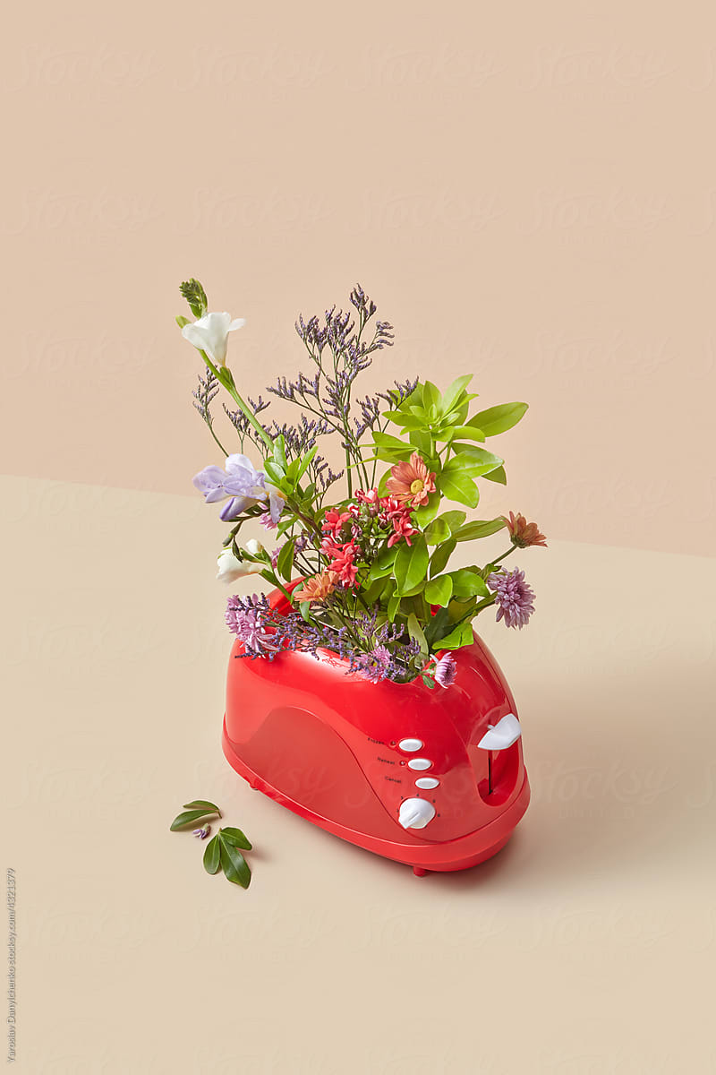 Red toaster with colorful spring flowers
