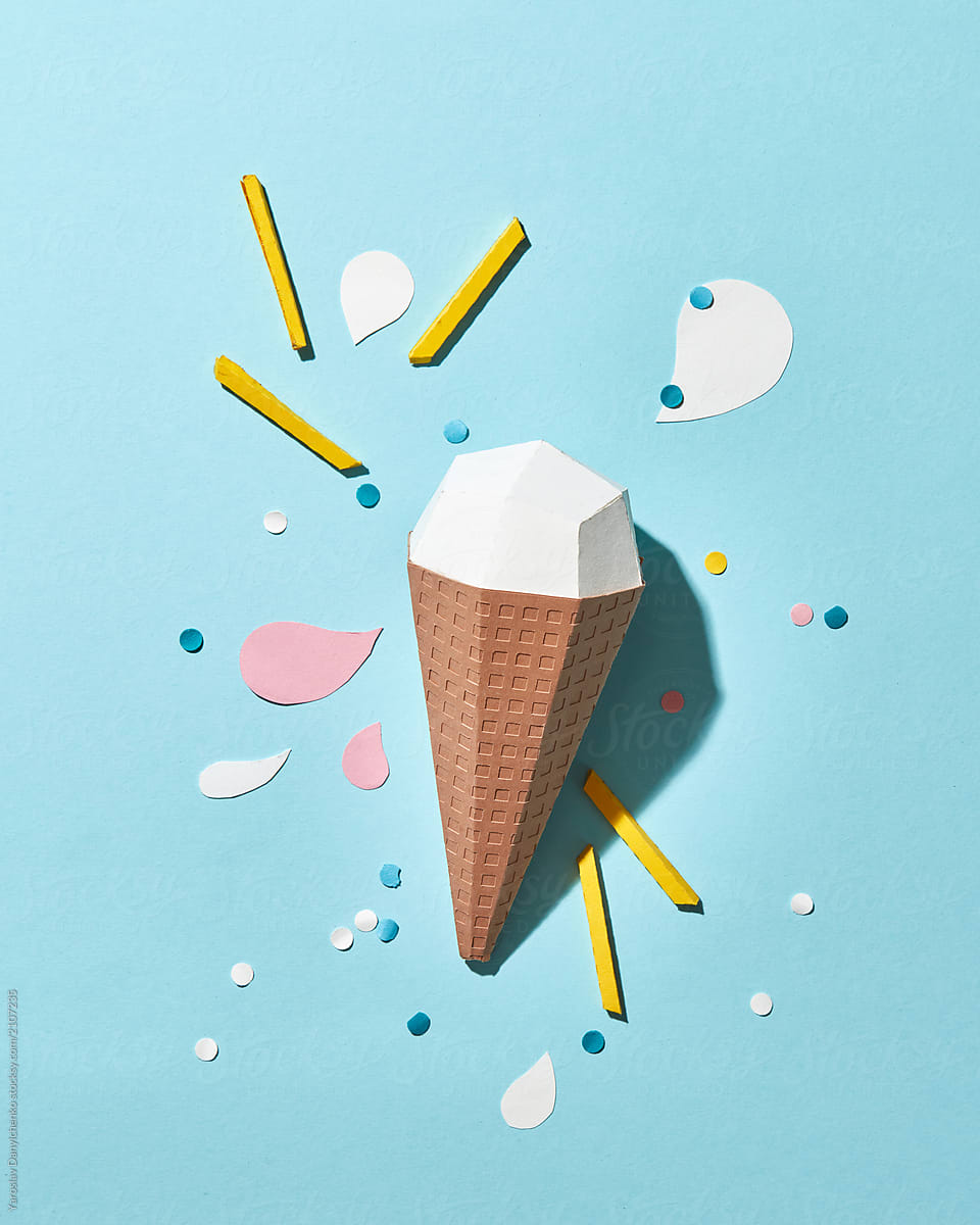 Flat lay paper origami ice cream in a waffle cone