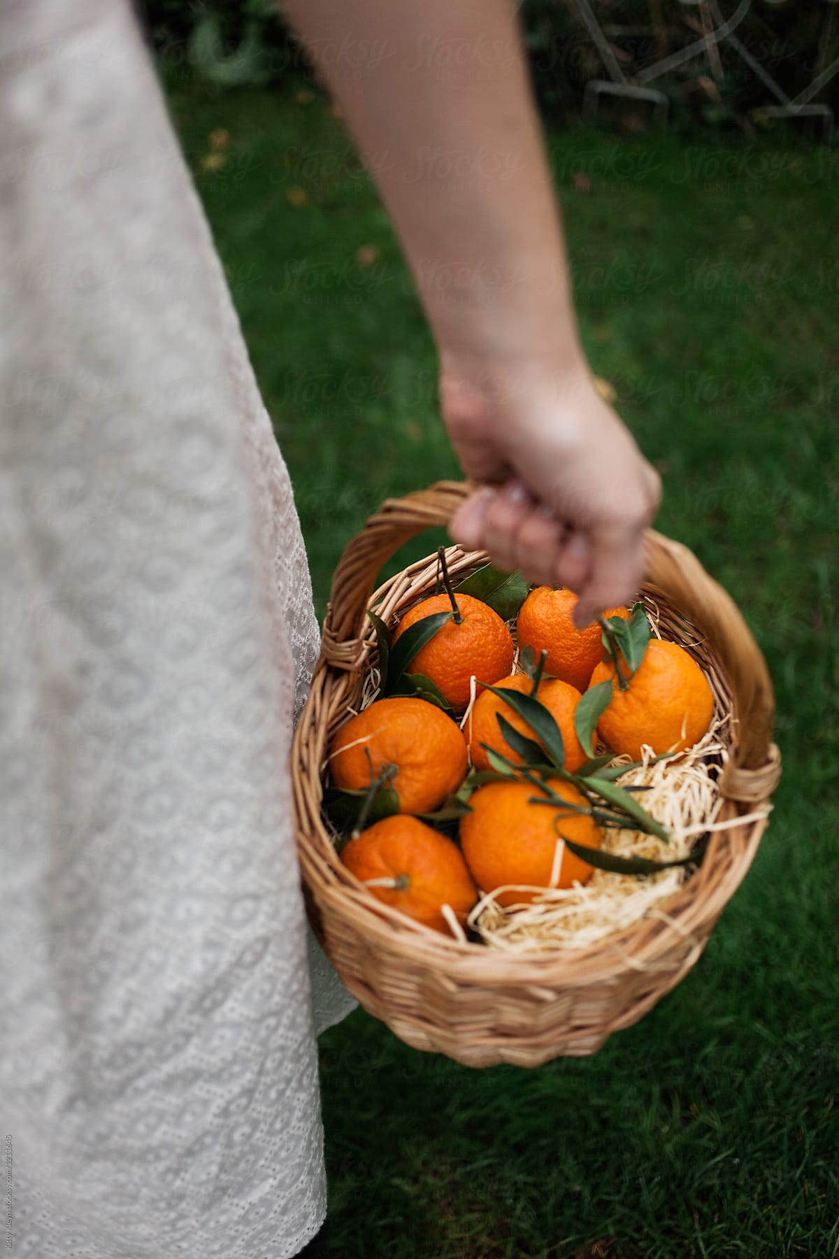 Woman carrying basket of clementines
