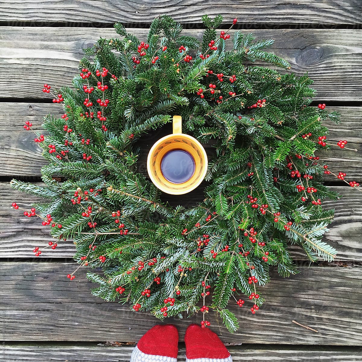 Morning coffee with a Christmas Wreath