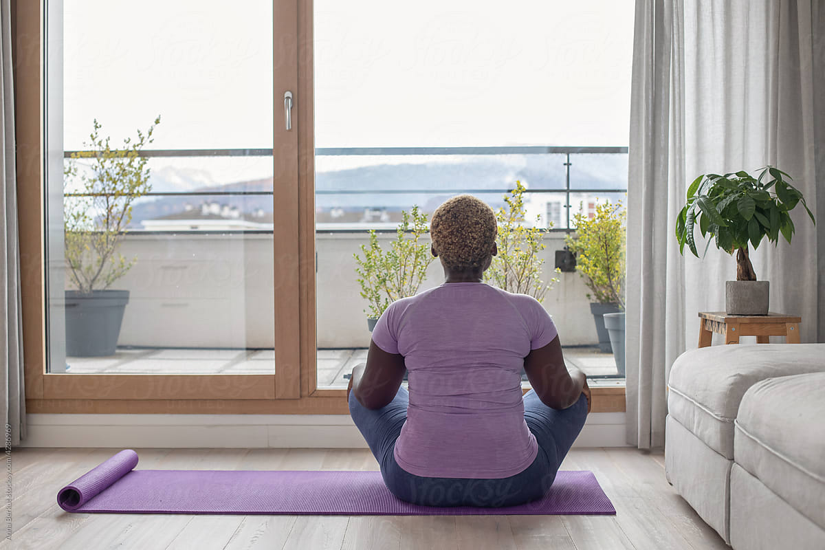mindfulness, yoga at home, breathing exercise, black woman meditating