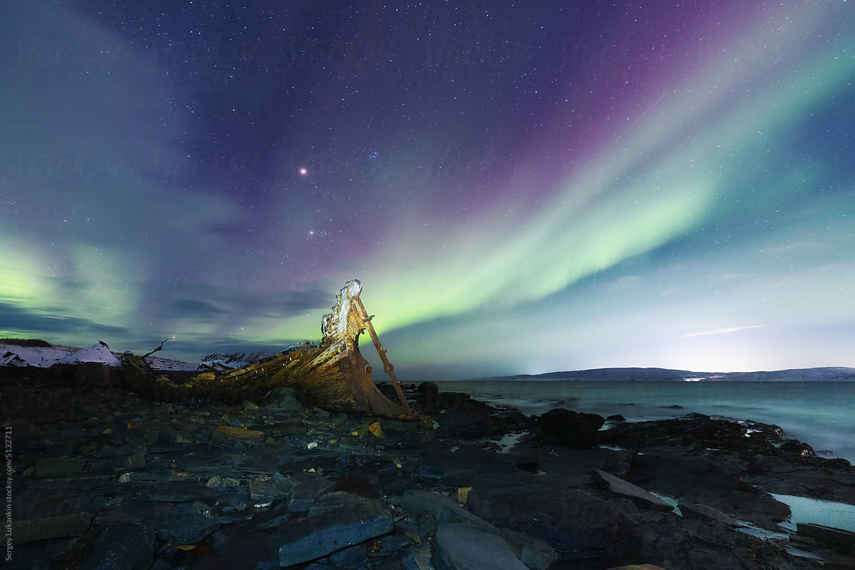 Night landscape with northern lights