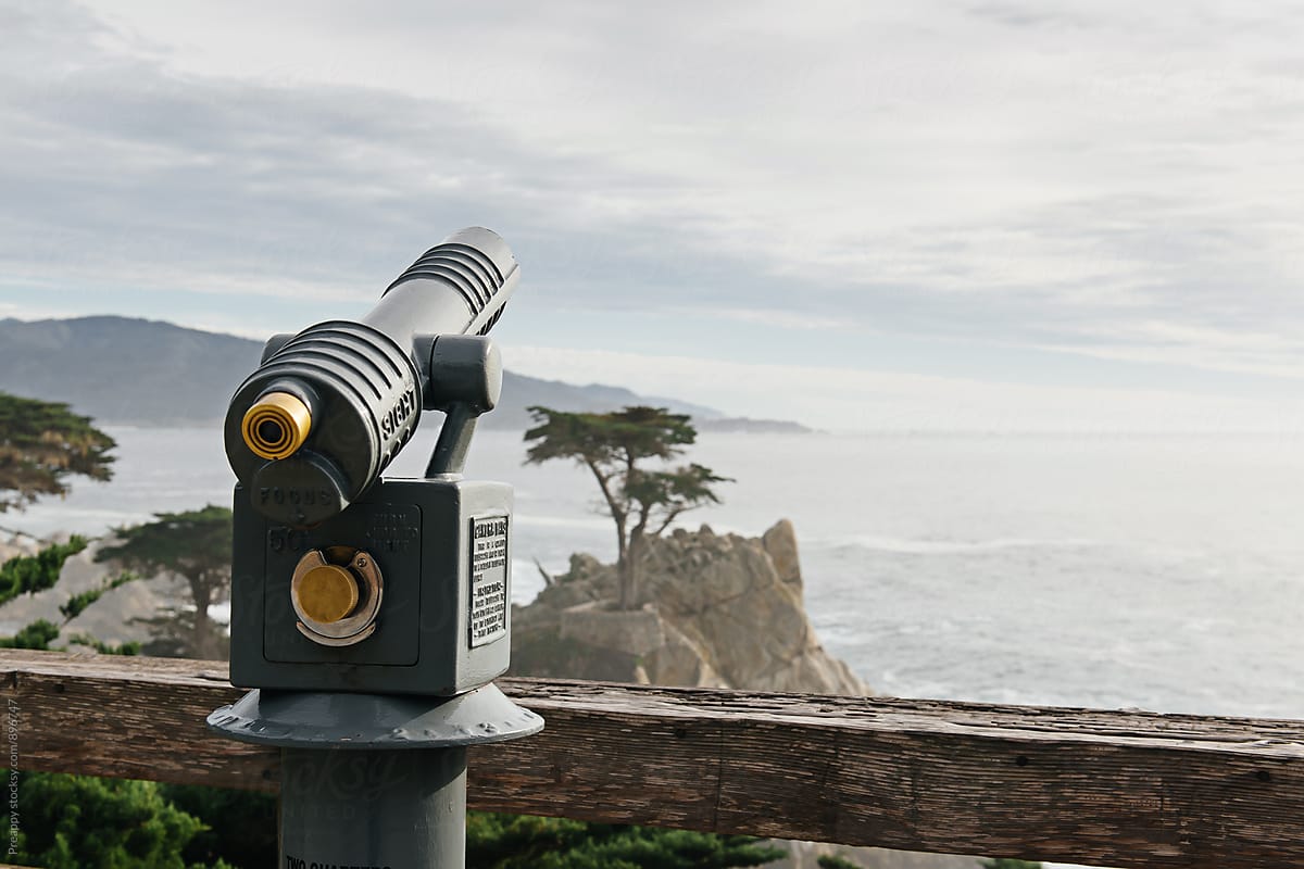 Tourist telescope looking out to lonely cypress tree