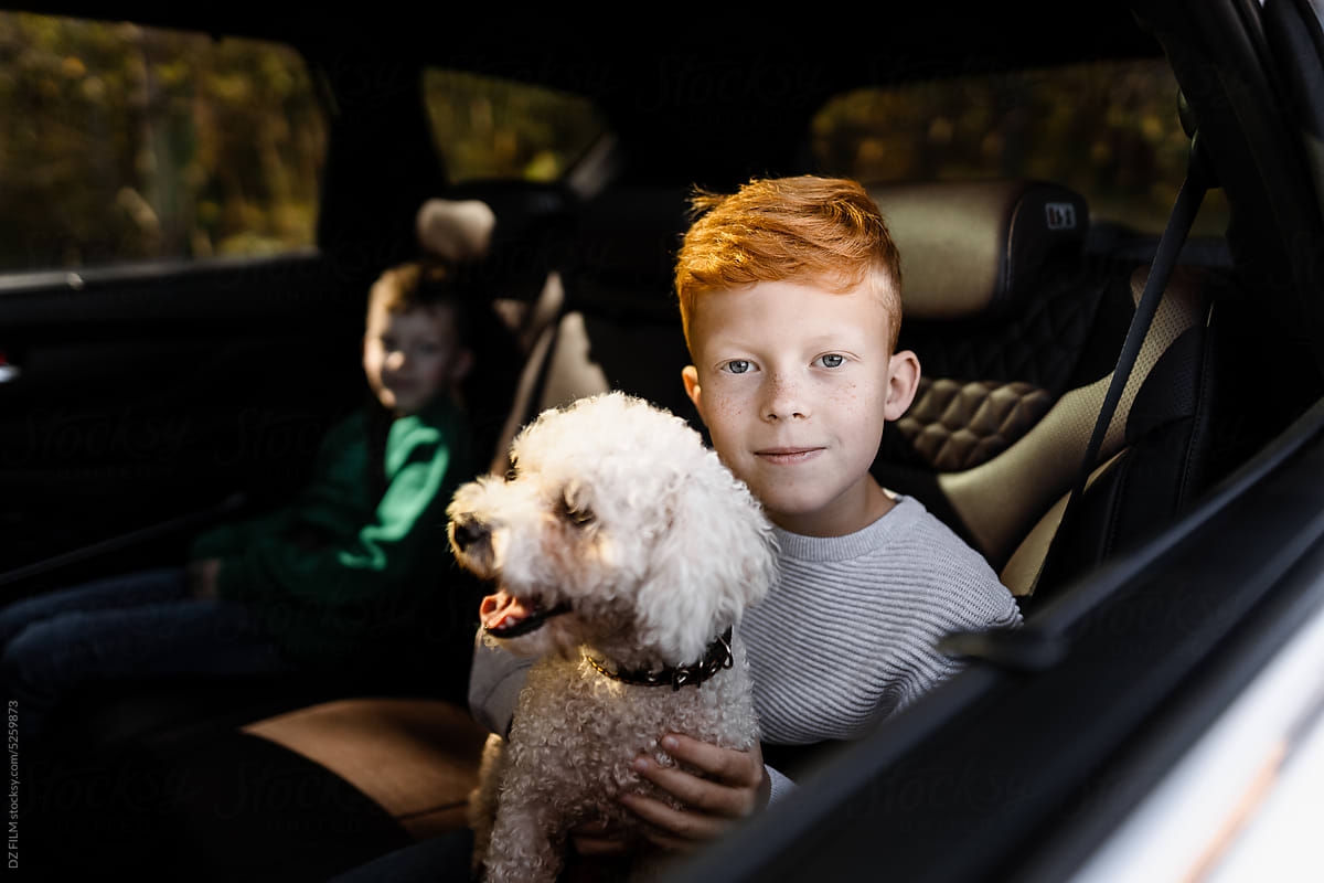Two children and a dog in the passenger seat of a car