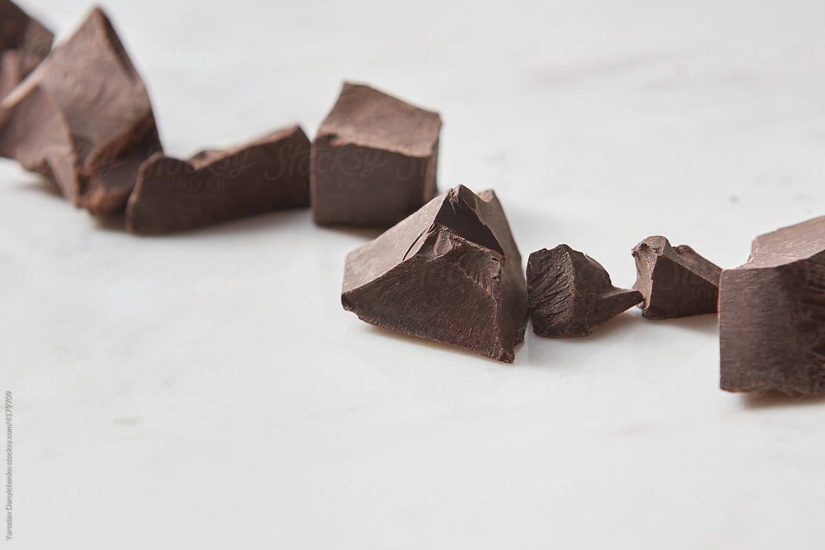 Close up of dark chocolate chunks in studio