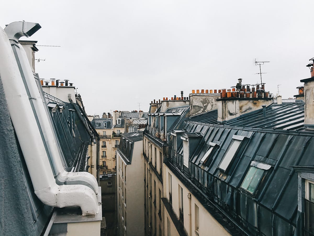Wet Paris Rooftops With Many Chimneys