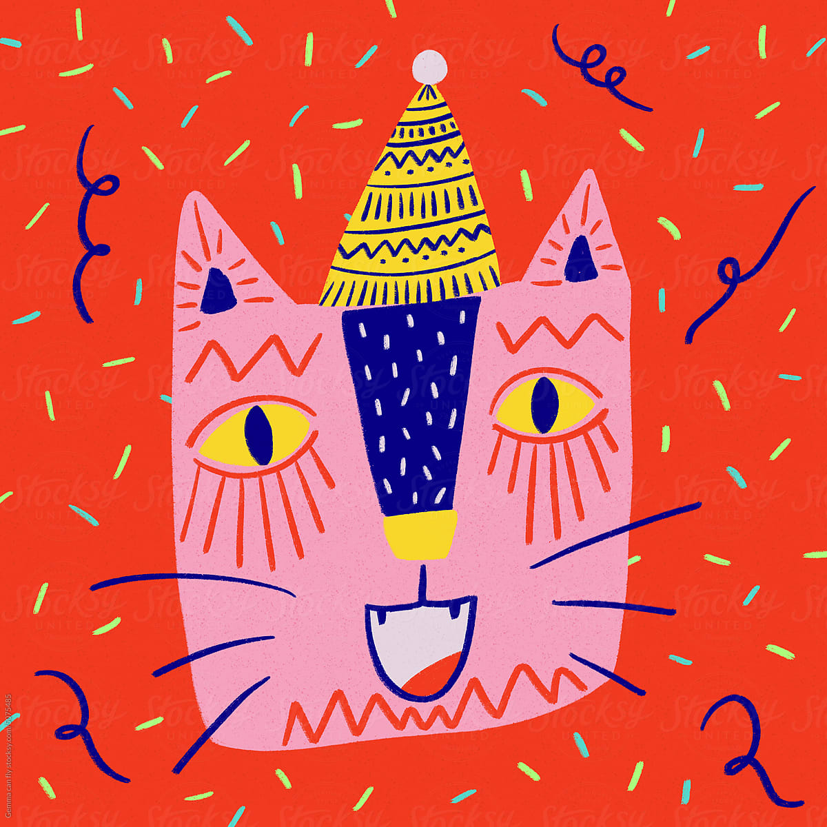 Happy birthday party cat funky illustration