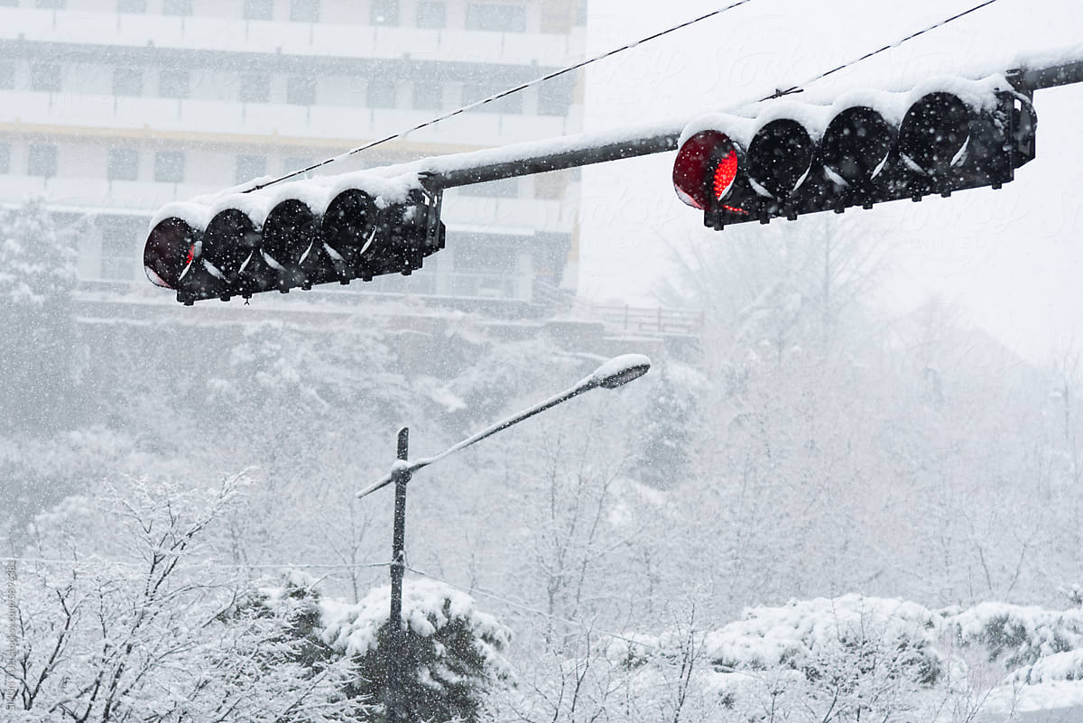 Traffic light in snowy day