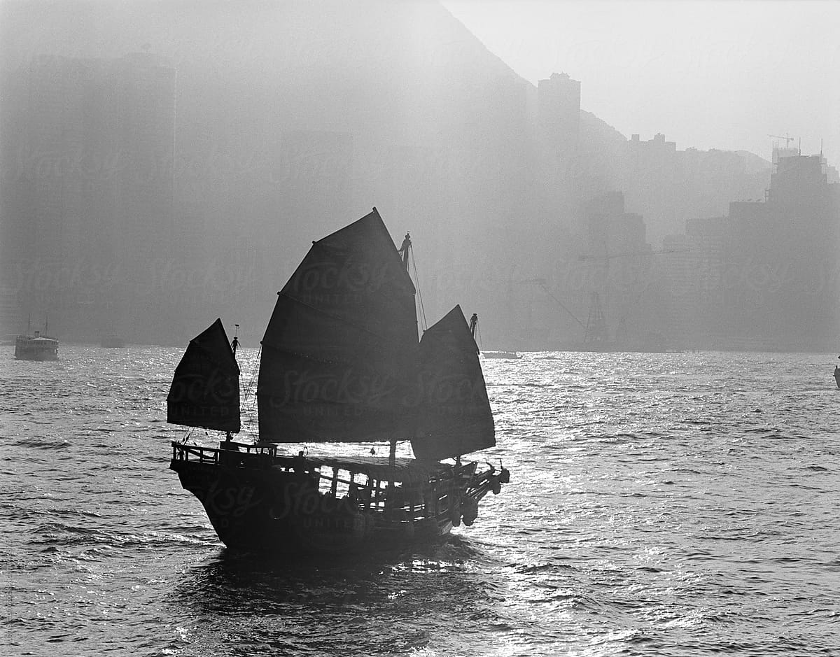 Chinese junk in Hong Kong harbour. HK China.