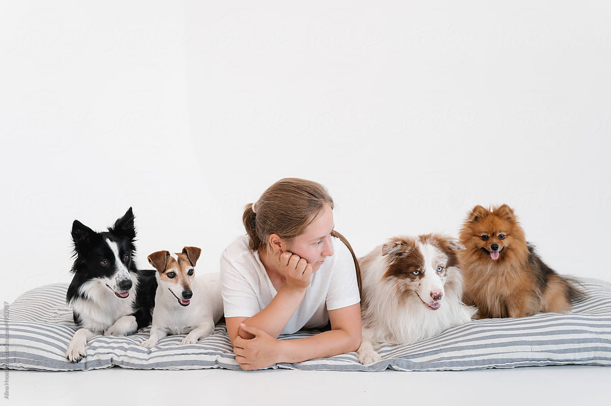 Woman lying on mattress amidst obedient dogs