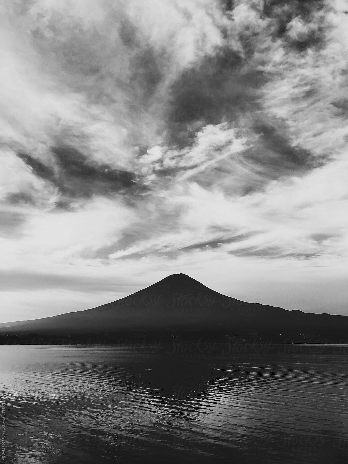 Japan - Lake Kawaguchi With Mount Fuji in Black and White