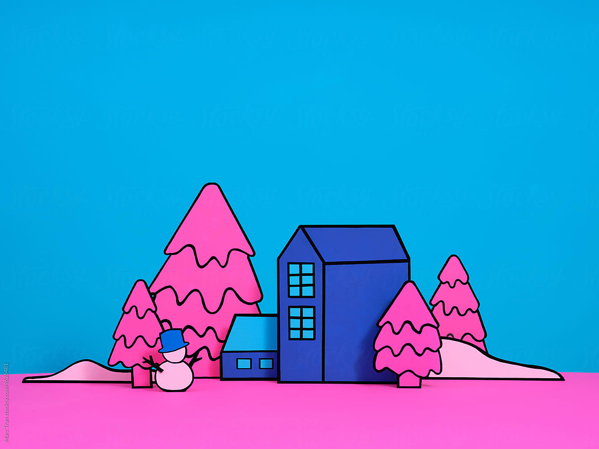 winter with colorful houses and Christmas trees
