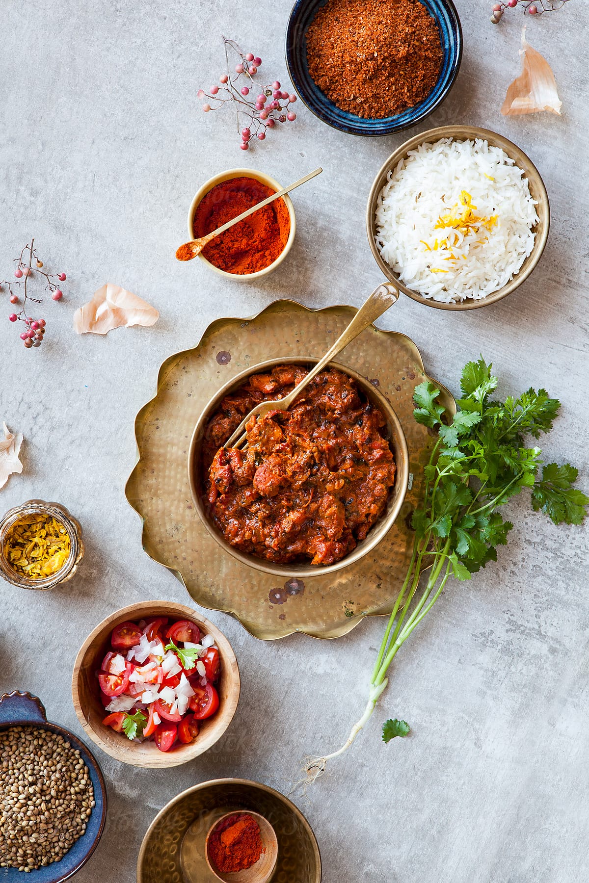 curry dish. Basmati rice, Indian tomato raita and tandoori  food spices