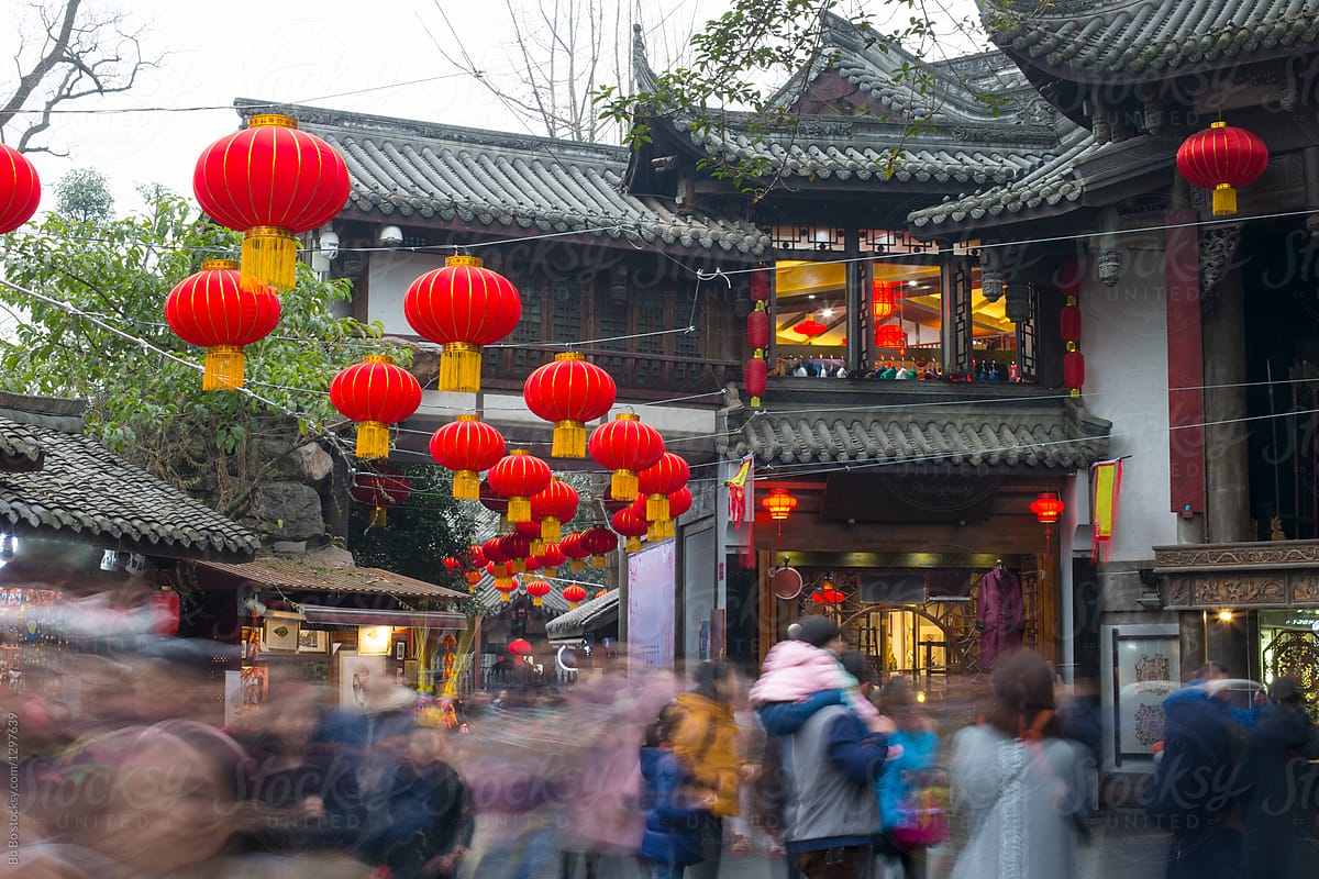 Blurred motion of tourist in temple fair during Chinese New Year