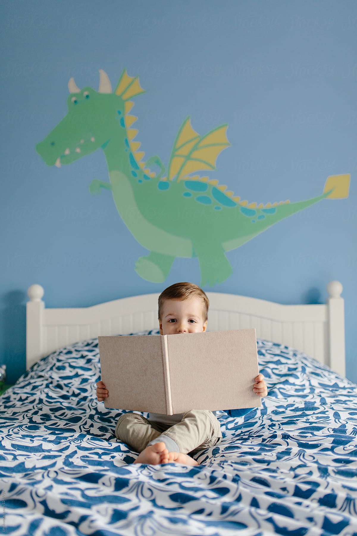 Cute young boy sitting on his bed reading a book