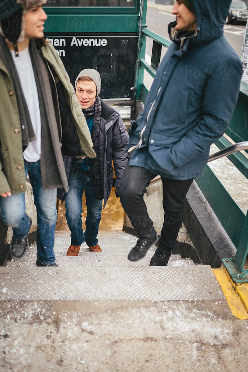 Group of Male Friends Coming Out of a Brooklyn Subway Station