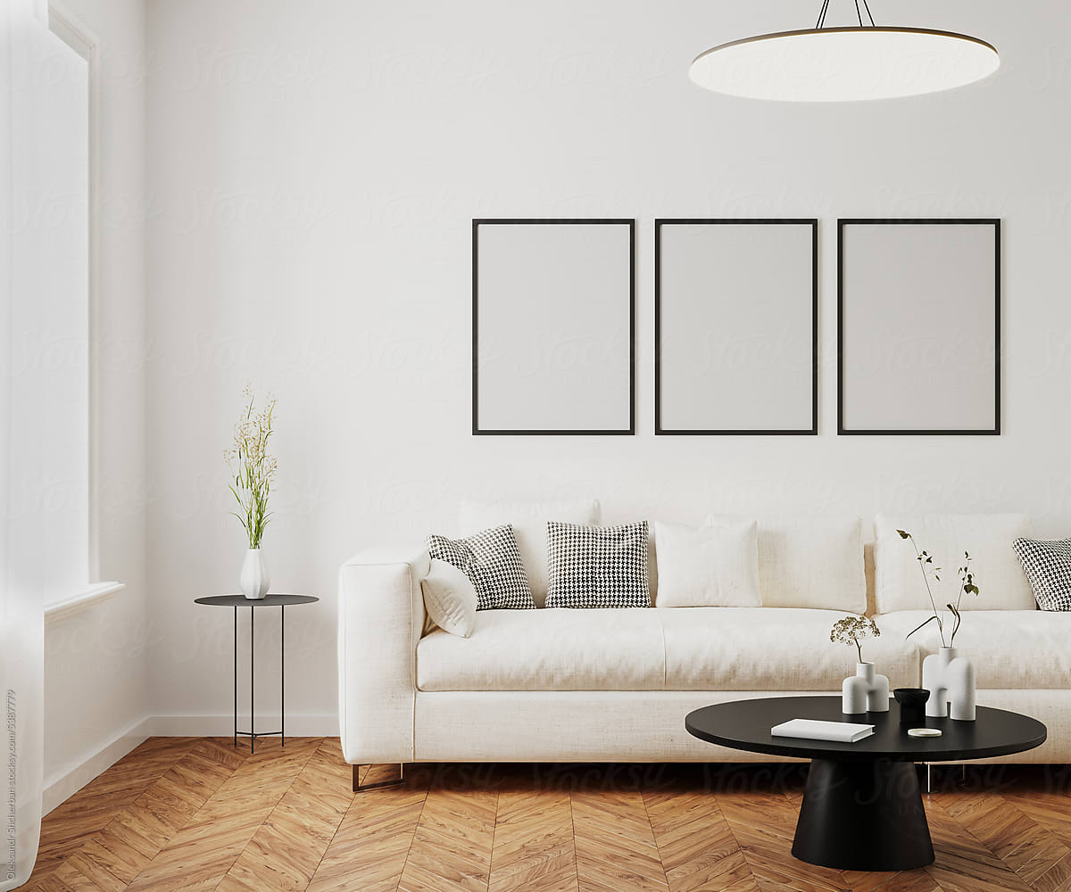 Three poster frames mock up in modern living room interior