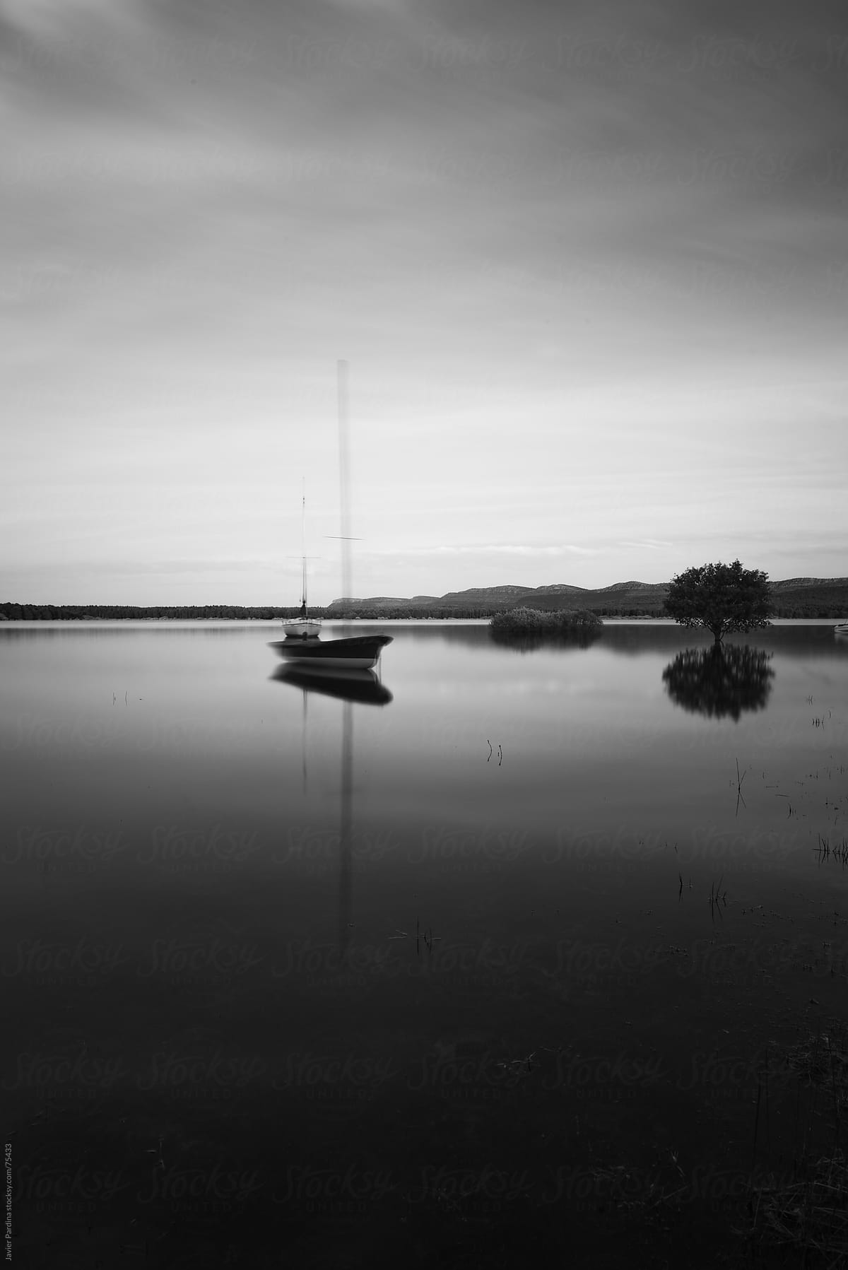 boats on the lake in black and white