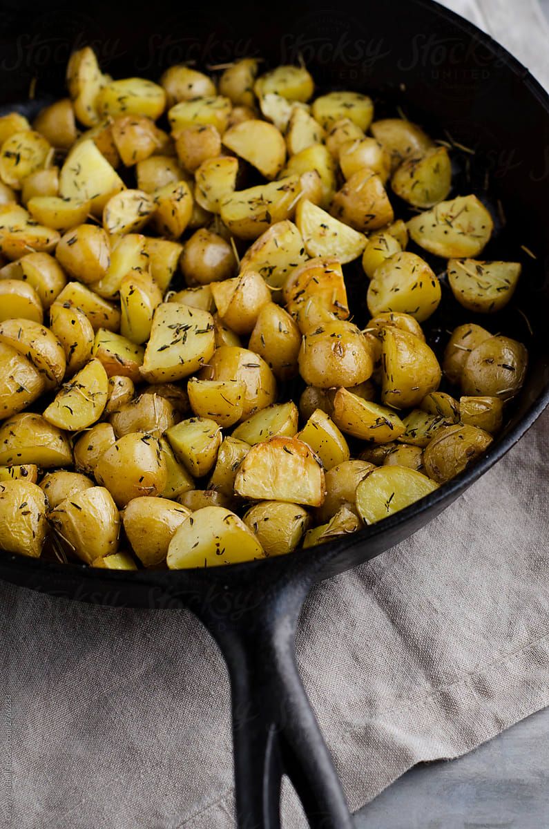 roasted potatoes in skillet