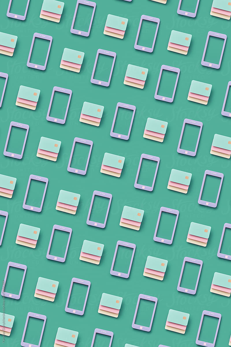 Smartphone mock-up and cards repeated pattern.