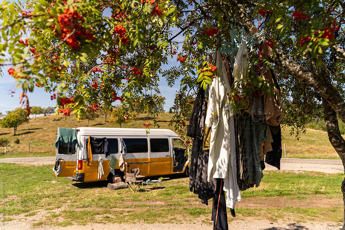 Laundry drying in the sun in camper van