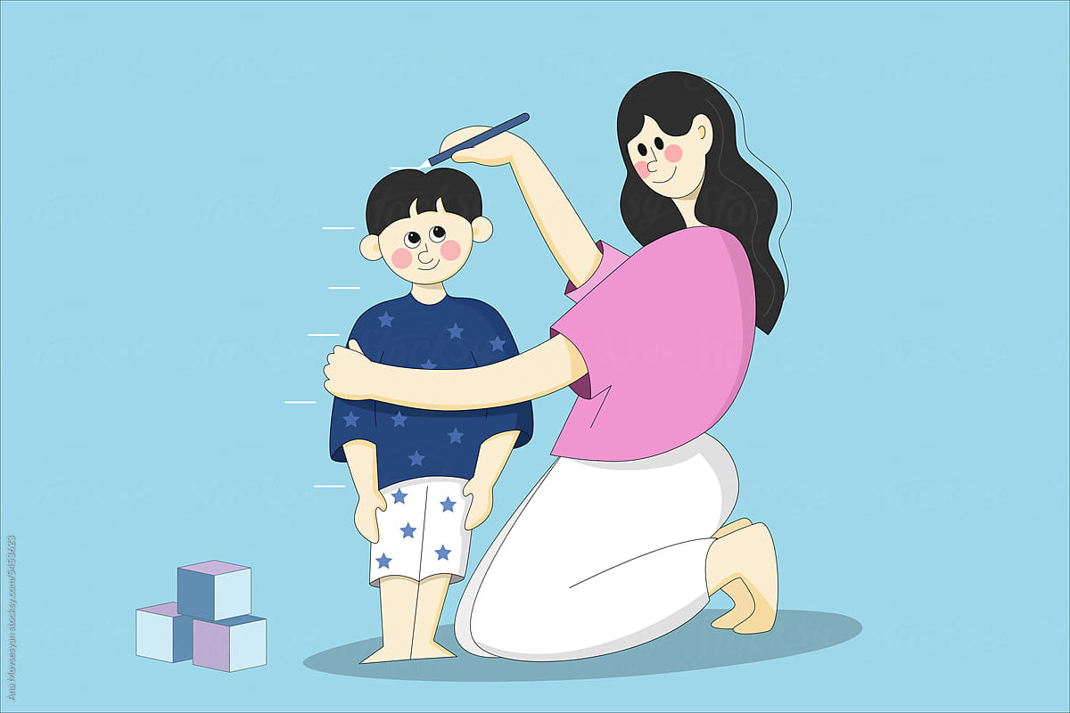 Mother is measuring her child\'s height.
