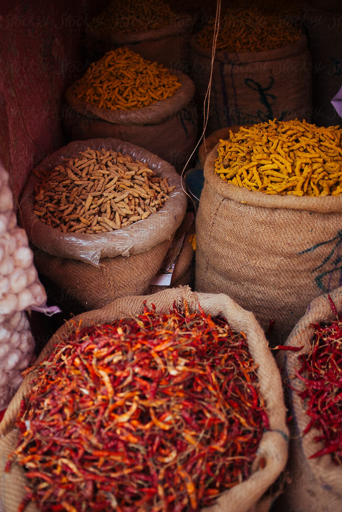 Spices for sale in a bazar in South Asia.