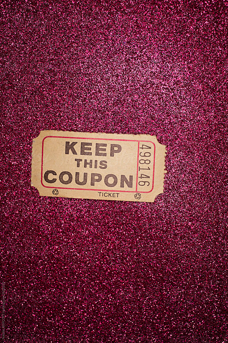 Vintage Keep This Coupon paper ticket on pink glitter background