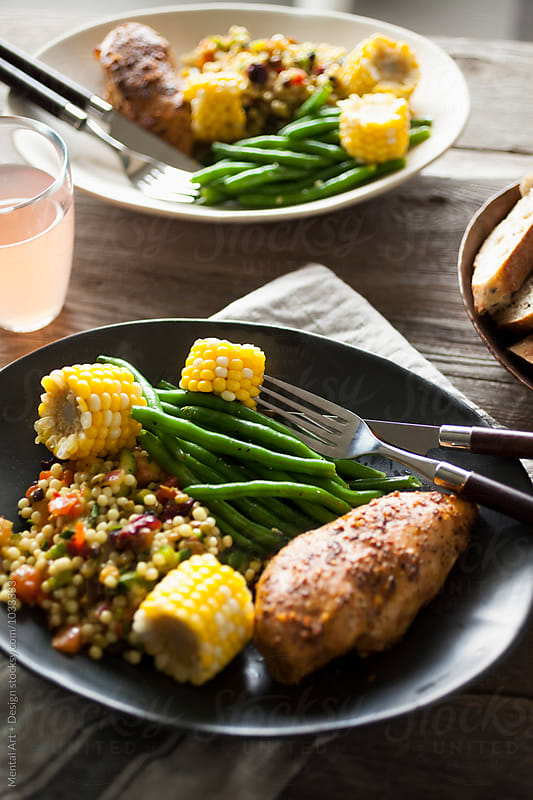 Oven Grilled Chicken Breast, Couscous, Corn cob and Green Bean Salad