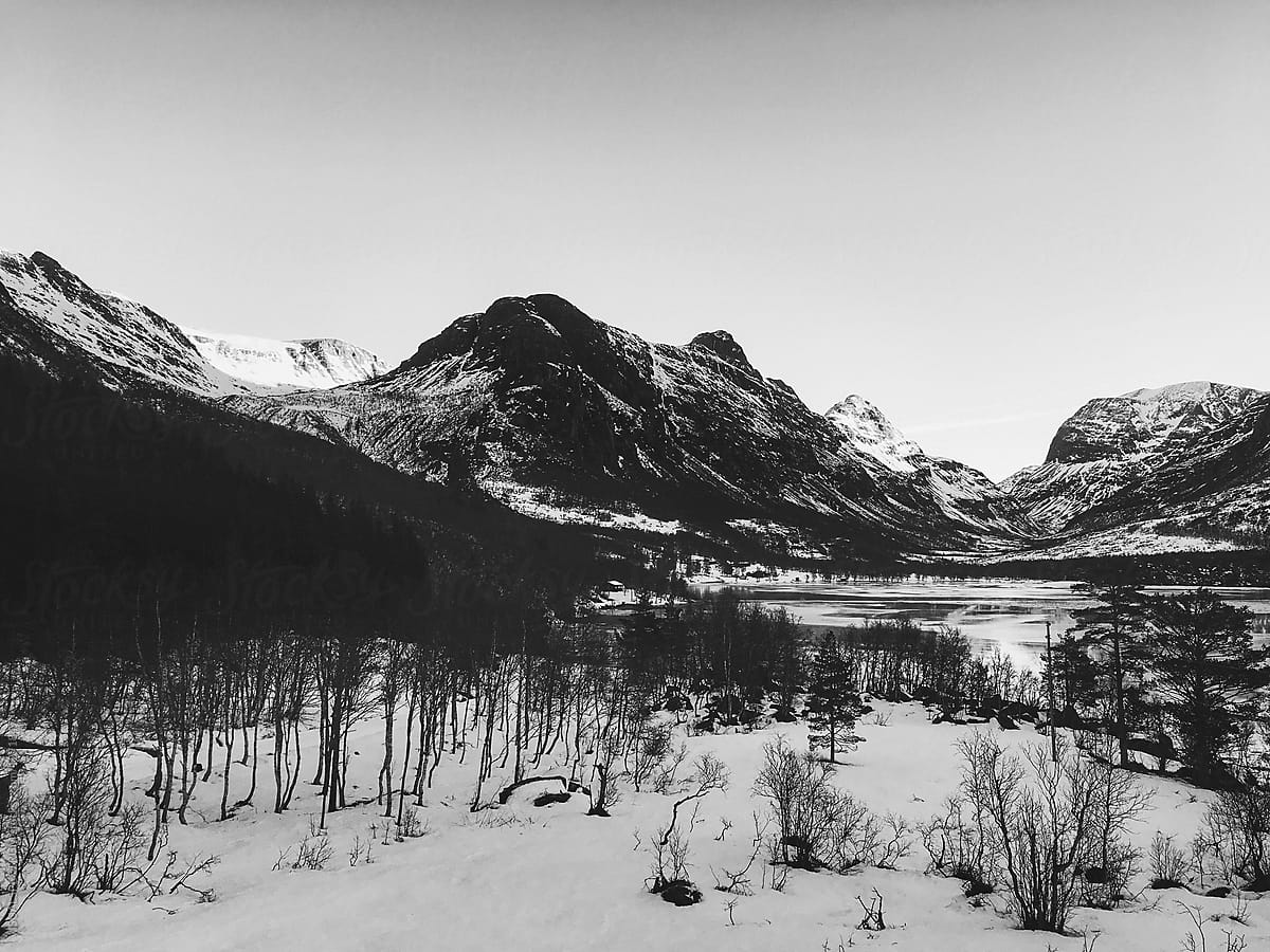 Black and White Winter Shot of Innerdalen Mountain Range and Valley
