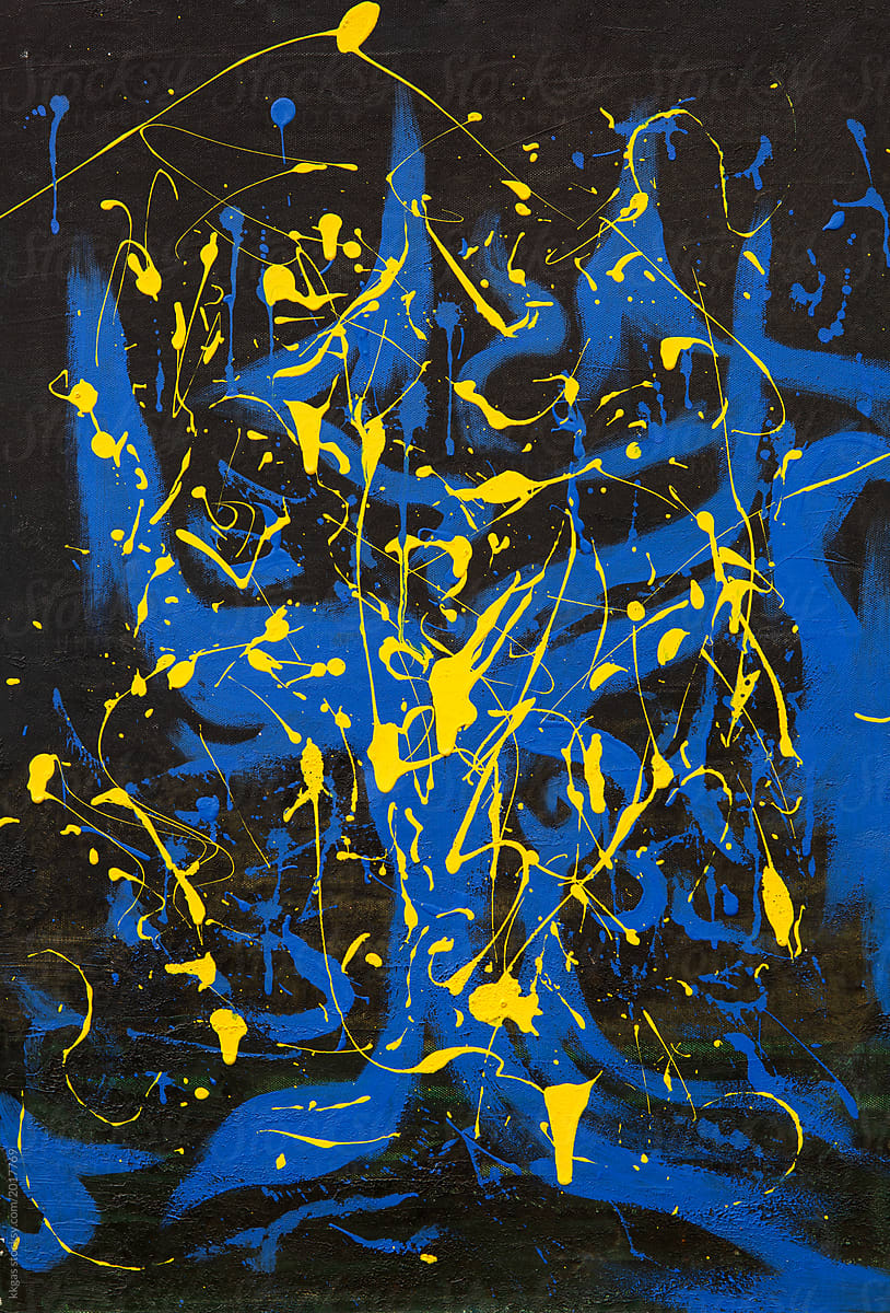 Abstract oil painting of black blue and yellow drips and splashes