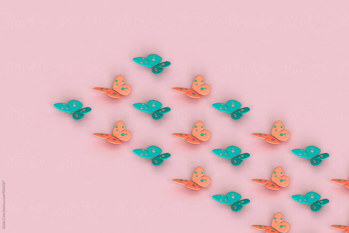 rows of cartoonish butterflies. 3d render