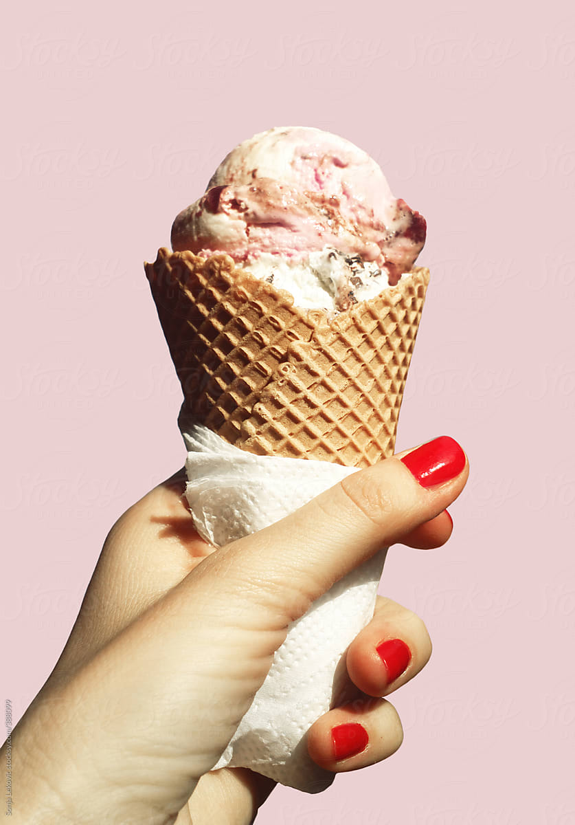 Ice cream in a cornet in hand by Sonja Lekovic - Pink, Ice 