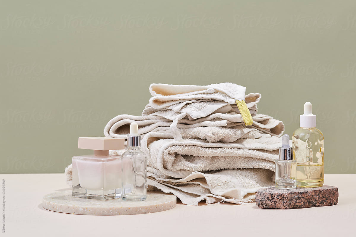 Set of cosmetic products and towels