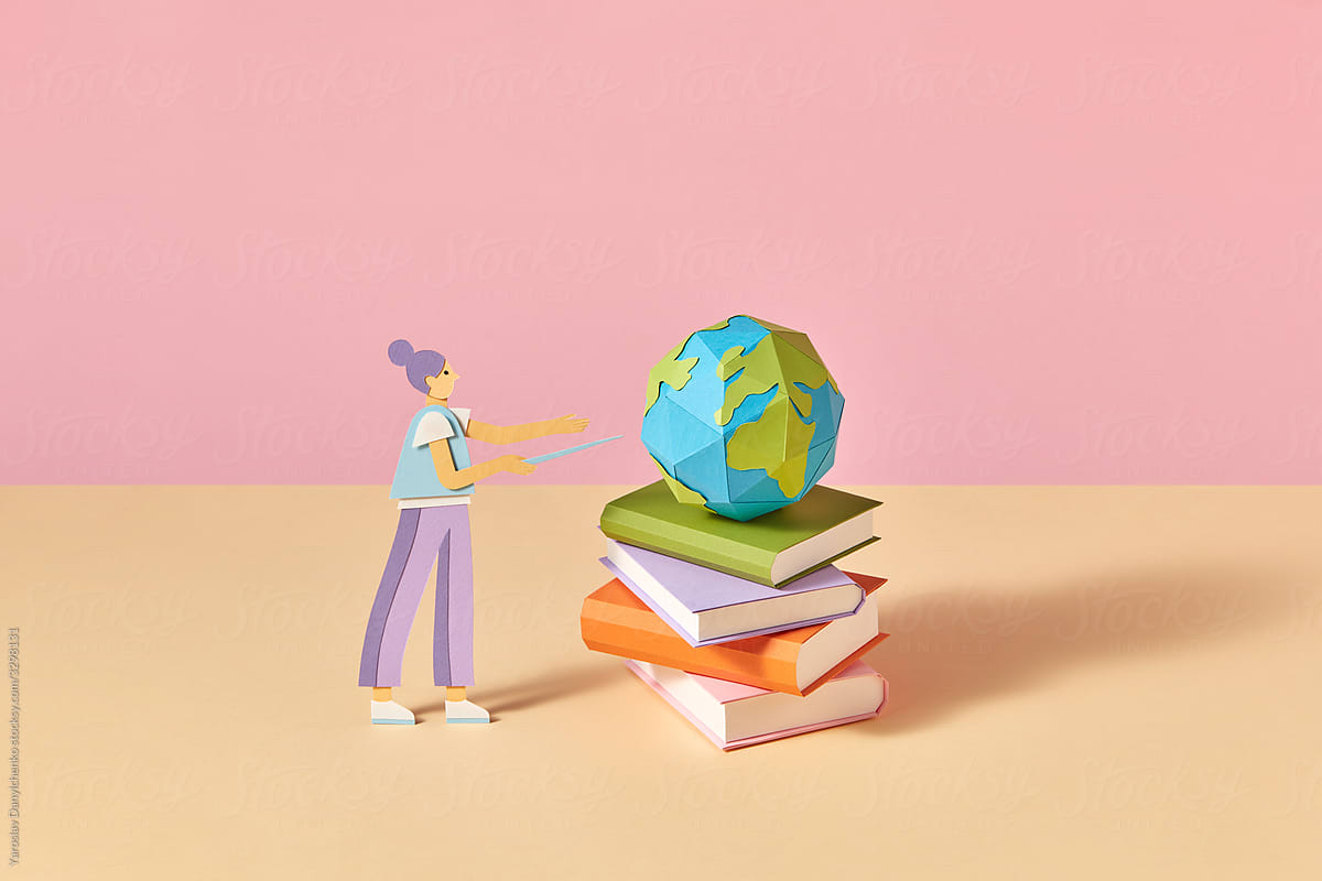 Papercraft teacher, books and globe online studying.