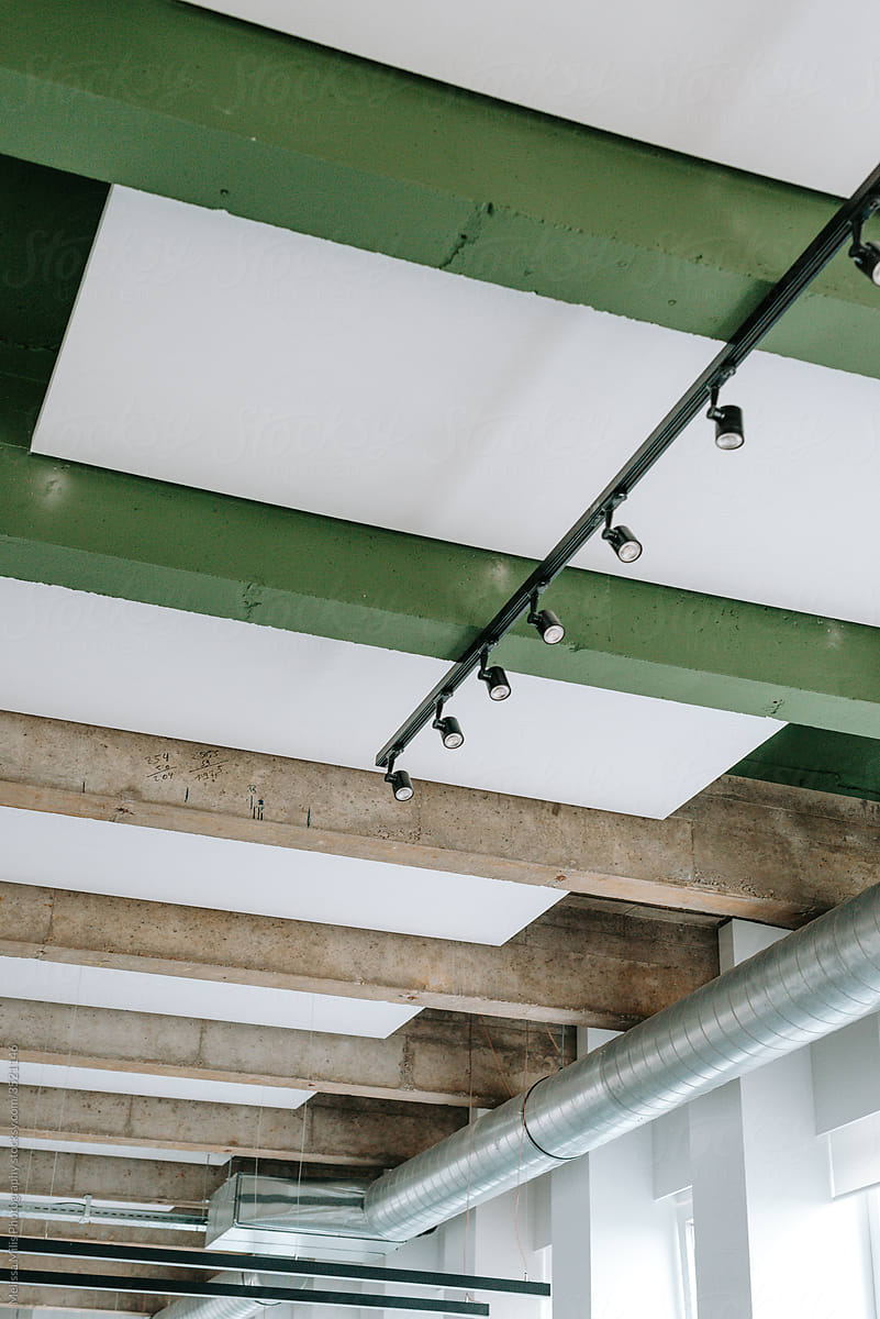 closeup of ceiling with green and neutral concrete.