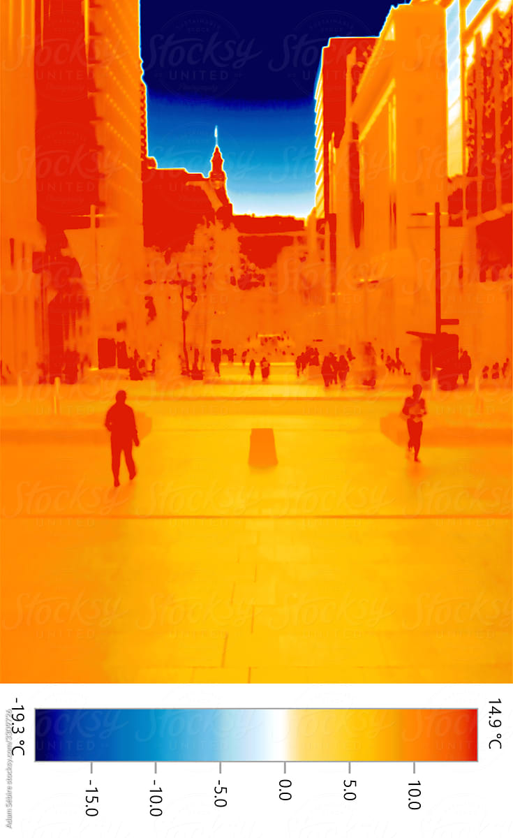 Infrared heat thermal image of urban cityscapes, concrete heat island hotspots