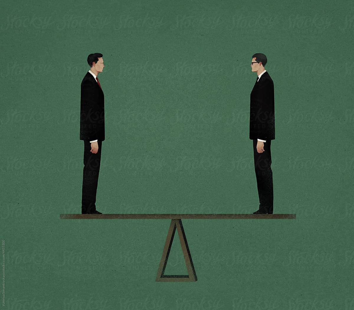 Two businessmen standing on a seesaw illustration