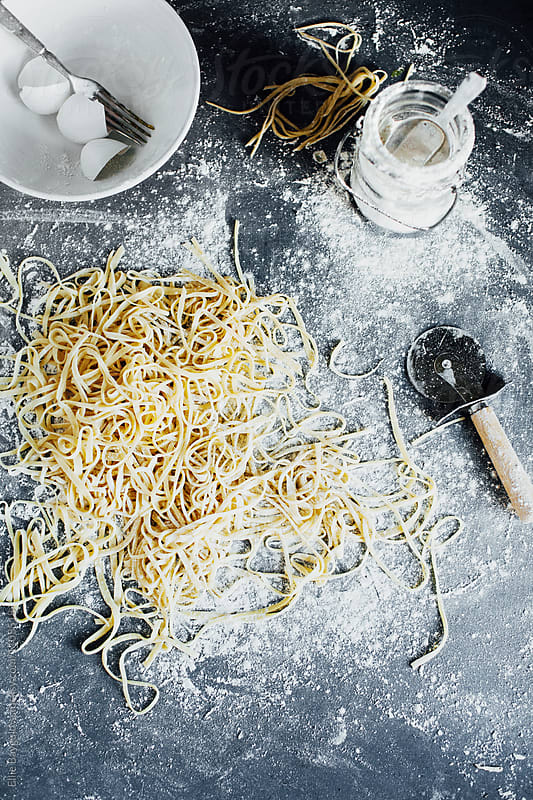 Homemade spaghetti in process