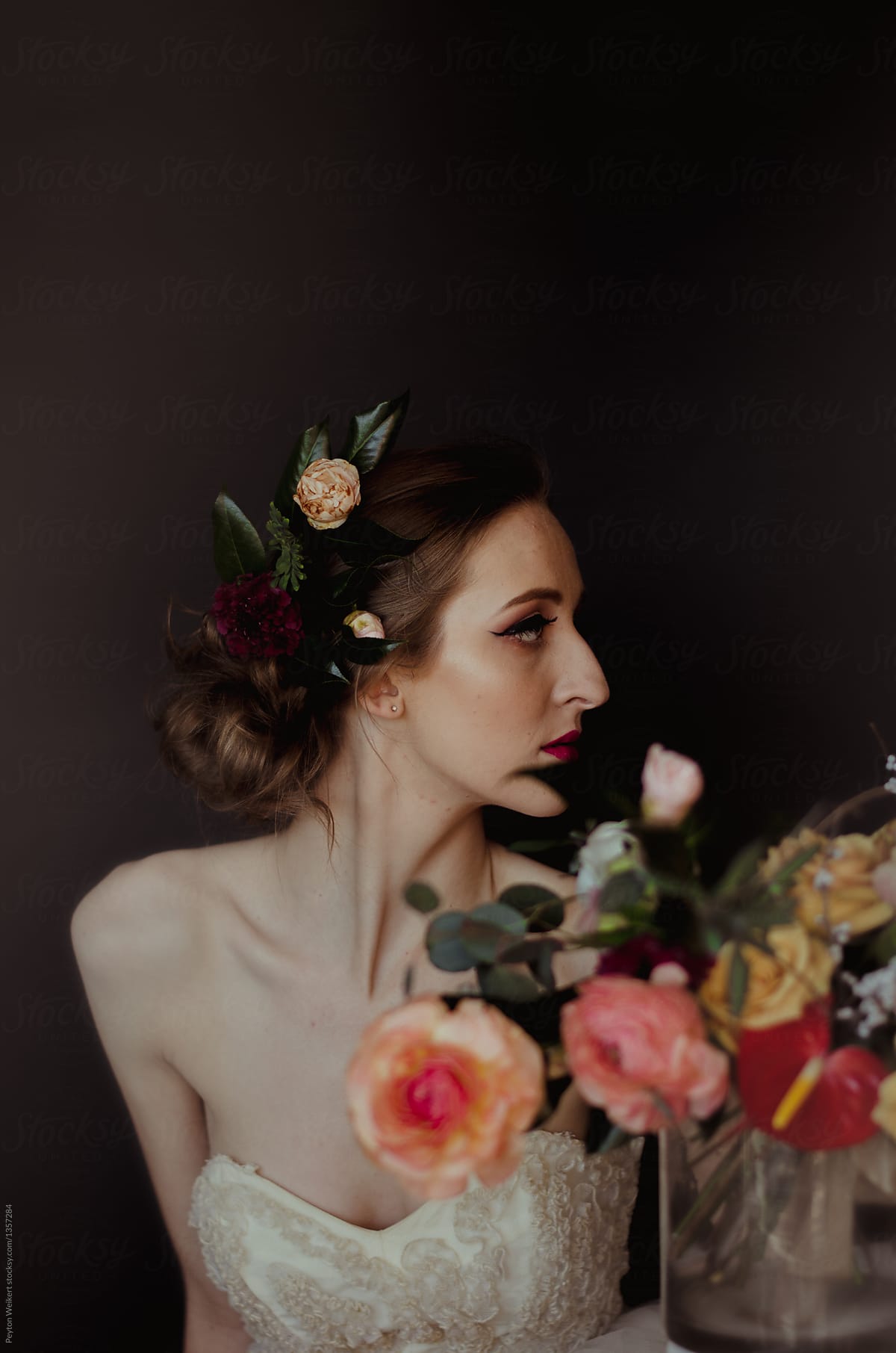 Vintage Bride with Large Bouquet of Flowers