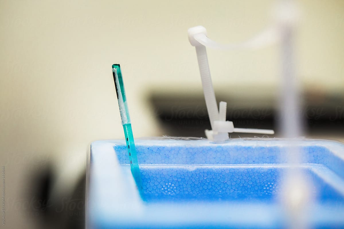 Closeup of IVF Lab Equipment Frozen in Liquid Nitrogen