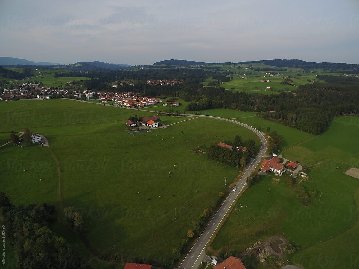 Aerial view of countryside.