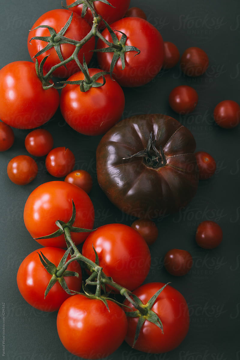 A lot of tomatoes in front of a paper background