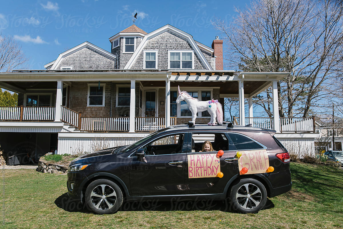 Drive By Birthday Party with unicorn on top of Car