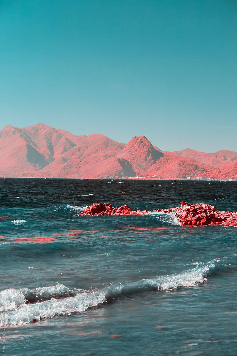 Infrared photography of lake and mountain