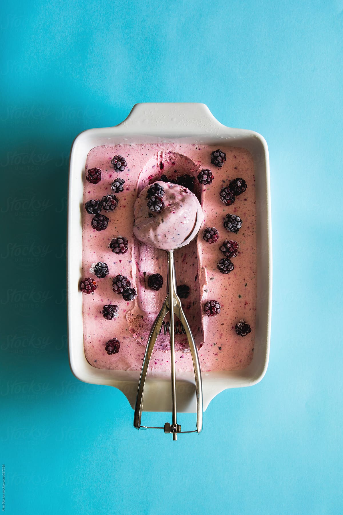 Food: homemade blackberry ice cream with scoop
