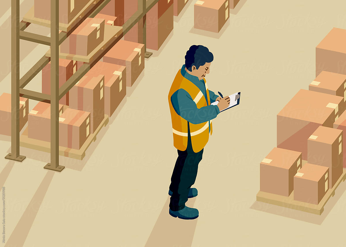 Warehouse worker making notes on clipboard